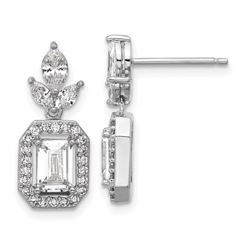 Cheryl M Sterling Silver Rhodium-plated Polished Fancy Emerald-cut CZ Halo Post Dangle Earrings