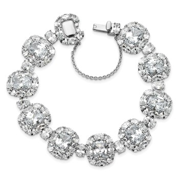 Cheryl M Sterling Silver Rhodium-plated Polished Fancy Cushion-cut CZ Halo Cluster with Safety Chain Bracelet