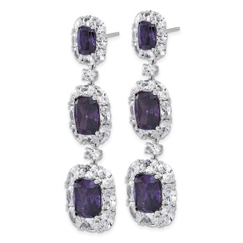 Cheryl M Sterling Silver Rhodium-plated Polished Fancy Purple and White CZ Halo Cluster Post Dangle Earrings — alternate view