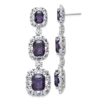 Cheryl M Sterling Silver Rhodium-plated Polished Fancy Purple and White CZ Halo Cluster Post Dangle Earrings