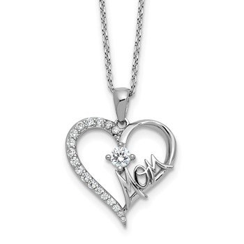 Cheryl M Sterling Silver Rhodium-plated Polished CZ Mom Heart with 2 Inch Extension Necklace