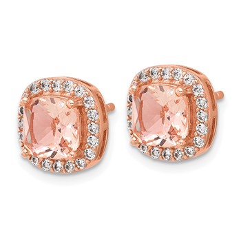 Cheryl M Sterling Silver Rose Gold-plated Polished CZ and Pink Glass Halo Post Earrings — alternate view