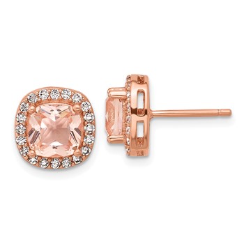 Cheryl M Sterling Silver Rose Gold-plated Polished CZ and Pink Glass Halo Post Earrings