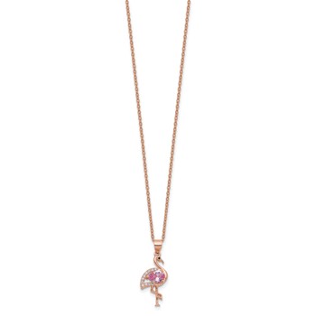 Cheryl M Sterling Silver Rose-tone Polished Lab Created Ruby Black Spinel and CZ Flamingo Necklace — alternate view