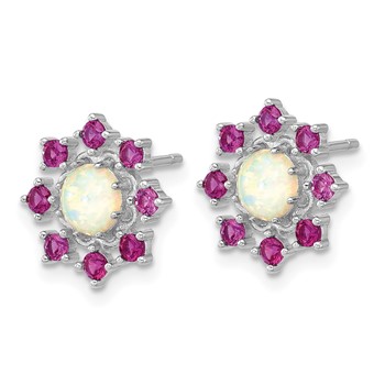 Cheryl M Sterling Silver Rhodium-plated Polished Created Opal and Pink Crystal Flower Post Earrings — alternate view