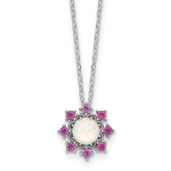Cheryl M Sterling Silver Rhodium-plated Polished Created Opal and Pink Crystal Flower Necklace