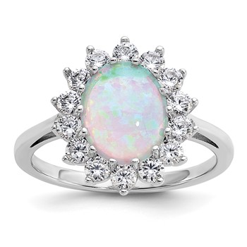Cheryl M Sterling Silver Rhodium-plated Polished Created Opal and CZ Oval Halo Ring
