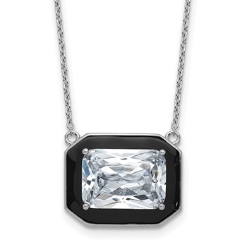 Cheryl M Sterling Silver Rhodium-plated Polished Black Enamel and Emerald-cut CZ Necklace