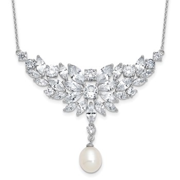 Cheryl M Sterling Silver Rhodium-plated Polished Fancy Freshwater Cultured Pearl and CZ Necklace