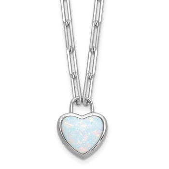 Cheryl M Sterling Silver Rhodium-plated Polished Created Opal Heart Paperclip Link Necklace