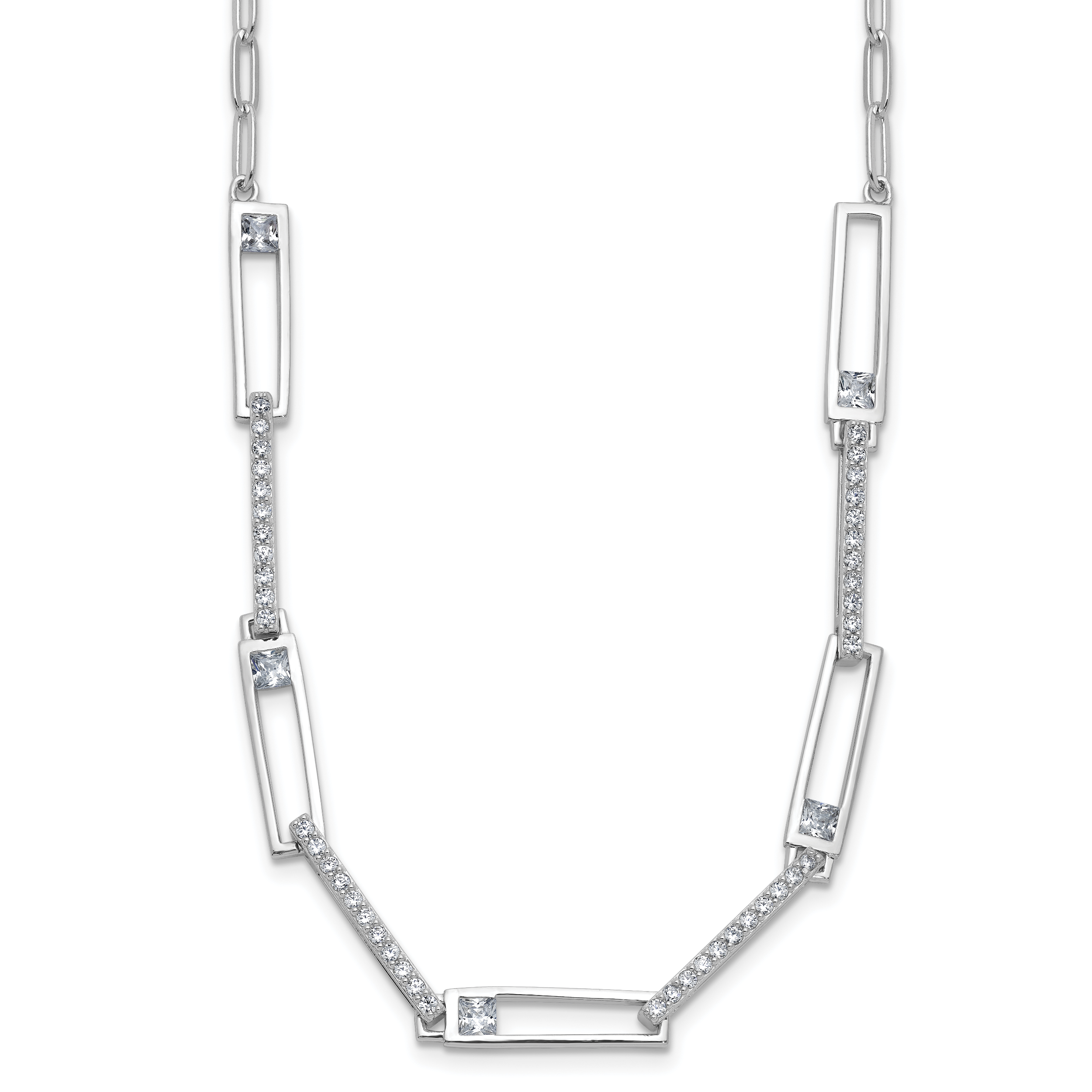 Cheryl M Sterling Silver Rhodium-plated Polished Fancy CZ Rectangular and Paperclip Link Necklace