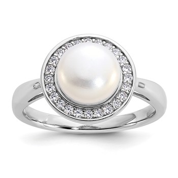 Cheryl M Sterling Silver Rhodium-plated Polished Freshwater Cultured Pearl and CZ Halo Ring