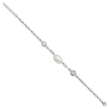Cheryl M Sterling Silver Rhodium-plated Polished Freshwater Cultured Pearl and CZ Link with .75 Inch Extension Bracelet — alternate view