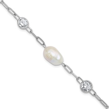 Cheryl M Sterling Silver Rhodium-plated Polished Freshwater Cultured Pearl and CZ Link with .75 Inch Extension Bracelet