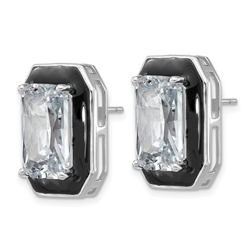 Cheryl M Sterling Silver Rhodium-plated Polished Black Enamel and Emerald-cut CZ Post Earrings — alternate view