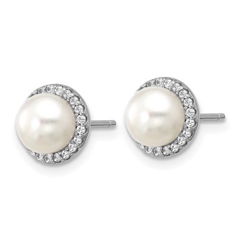 Cheryl M Sterling Silver Rhodium-plated Polished Freshwater Cultured Pearl and CZ Halo Post Earrings — alternate view