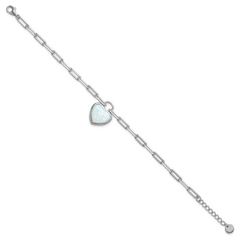 Cheryl M Sterling Silver Rhodium-plated Polished Created Opal Heart Paperclip Link with 1 Inch Extension Bracelet — alternate view