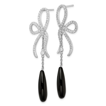 Cheryl M Sterling Silver Rhodium-plated Polished Fancy Onyx and CZ Bow Post Dangle Earrings — alternate view