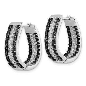 Cheryl M Sterling Silver Rhodium-plated Polished Black and White CZ Oval In and Out Hoop Earrings — alternate view