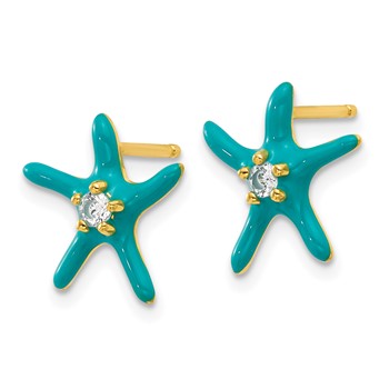 Cheryl M Sterling Silver Gold-plated Polished Blue Enamel and CZ Starfish Post Earrings — alternate view