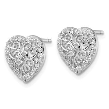 Cheryl M Sterling Silver Rhodium-plated Polished CZ Filigree Heart Post Earrings — alternate view