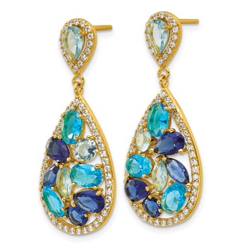 Cheryl M Sterling Silver Gold-plated Polished Blue Glass and CZ Fancy Teardrop Post Dangle Earrings — alternate view