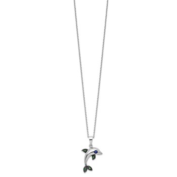 Cheryl M Sterling Silver Rhodium-plated with Black Rhodium Polished Blue and Green CZ Dolphin 16 Inch with 2 Inch Extension Necklace — alternate view