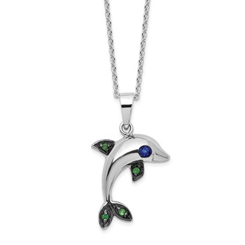 Cheryl M Sterling Silver Rhodium-plated with Black Rhodium Polished Blue and Green CZ Dolphin 16 Inch with 2 Inch Extension Necklace