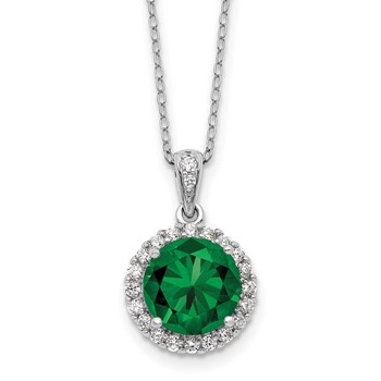 Cheryl M Sterling Silver Rhodium-plated Polished Green and White CZ Halo Circle 16 Inch with 2 Inch Extension Necklace