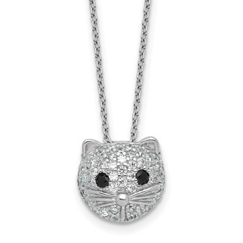 Cheryl M Sterling Silver Rhodium-plated Polished Black and White CZ Cat 16 Inch with 2 Inch Extension Necklace