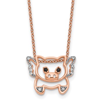 Cheryl M Sterling Silver Rose Gold-plated Polished Black and White CZ Flying Pig 16 Inch with 2 Inch Extension Necklace