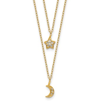 Cheryl M Sterling Silver Gold-plated Polished 2-Strand CZ Moon and Star 16 Inch with 2 Inch Extension Necklace
