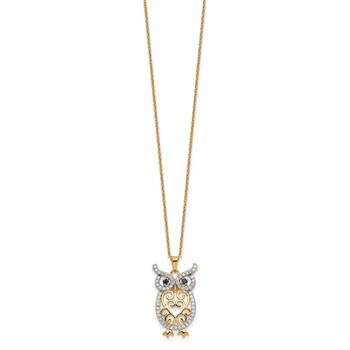 Cheryl M Sterling Silver Gold-plated Polished Black and White CZ Owl 16 Inch with 2 Inch Extension Necklace — alternate view