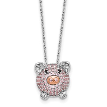 Cheryl M Sterling Silver Rhodium and Rose Gold-plated Polished Multicolor CZ Pig 16 Inch with 2 Inch Extension Necklace