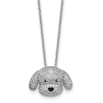 Cheryl M Sterling Silver Rhodium-plated Polished and Enameled Black and White CZ Dog 16 Inch with 2 Inch Extension Necklace