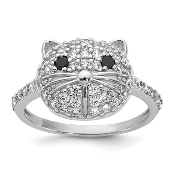 Cheryl M Sterling Silver Rhodium-plated Polished Black and White CZ Cat Ring