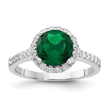 Image of Cheryl M Sterling Silver Rhodium-plated Polished Green Glass and CZ Round Halo Ring