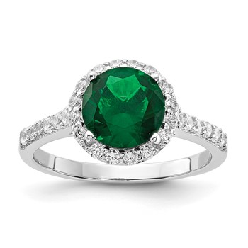 Cheryl M Sterling Silver Rhodium-plated Polished Green Glass and CZ Round Halo Ring