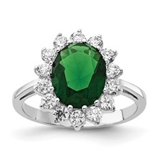 Image of Cheryl M Sterling Silver Rhodium-plated Polished Green Glass and CZ Oval Halo Ring