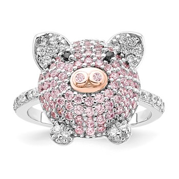 Cheryl M Sterling Silver Rhodium and Rose Gold-plated Polished Multicolor CZ Pig Ring