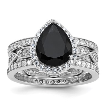 Cheryl M Sterling Silver Rhodium-plated Polished Black and White CZ Teardrop Halo 3 Ring Set