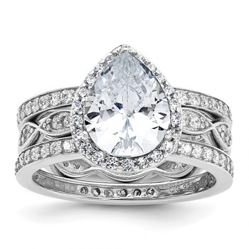 Cheryl M Sterling Silver Rhodium-plated Polished CZ Teardrop Halo 3 Ring Set