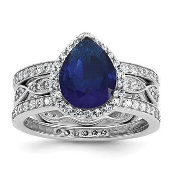 Cheryl M Sterling Silver Rhodium-plated Polished Lab Created Sapphire and CZ Teardrop Halo 3 Ring Set