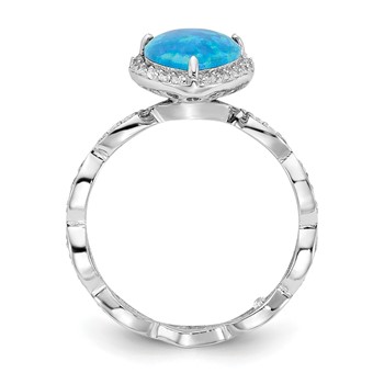Cheryl M Sterling Silver Rhodium-plated Polished Blue Lab Created Opal and CZ Teardrop Halo Ring — alternate view