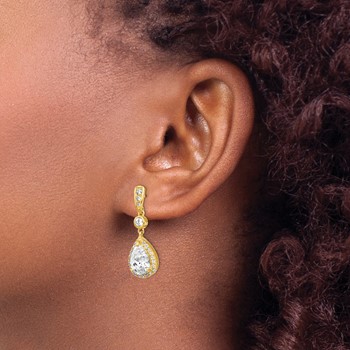 Cheryl M Sterling Silver Gold-plated Brilliant-cut CZ Teardrop and Bezel Halo Post Dangle Earrings — alternate view