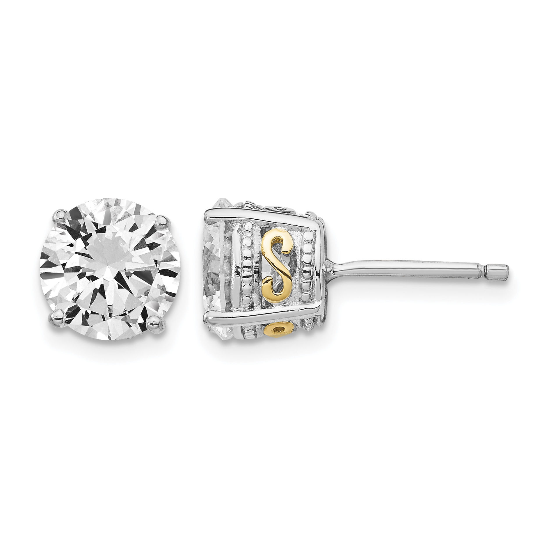 Cheryl M Sterling Silver Rhodium-plated with Gold-plated Accent Brilliant-cut 8mm CZ Stud Post Earrings