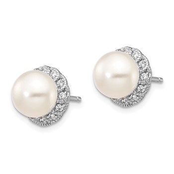 Cheryl M Sterling Silver Rhodium-plated White Freshwater Cultured Pearl and Brilliant-cut CZ Post Earrings — alternate view
