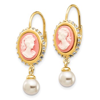 Cheryl M Sterling Silver Gold-plated Glass Pearl Brilliant-cut CZ & Resin Cameo Leverback Dangle Earrings — alternate view