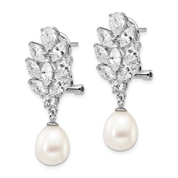 Cheryl M Sterling Silver Rhodium-plated Teardrop Freshwater Cultured Pearl Marquise-cut and Brilliant-cut CZ Fancy Omega Back Dangle Earrings — alternate view