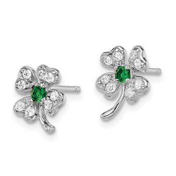 Cheryl M Sterling Silver Rhodium-plated Brilliant-cut Green Glass and Brilliant-cut White CZ Four Leaf Clover Post Earrings — alternate view